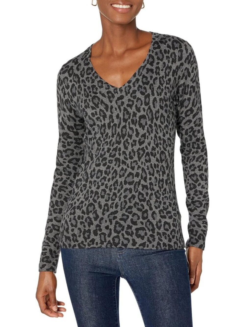 Amazon Essentials Women's Grey Heather V Neck Lightweight Long Sleeve Sweaters